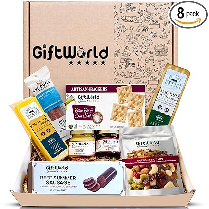 Beef Summer Sausage Charcuterie Cheese Gift Basket, Charcuterie Food Items, Meat and Cheese Gift Baskets, Food Gifts for Men, Meat Sampler For Men, Tailgating, Business, Congratulations, Care Packages, Thanksgiving and Christmas Gifts (8-item Bundle)