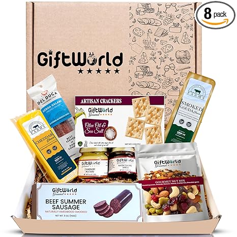 Beef Summer Sausage Charcuterie Cheese Gift Basket, Charcuterie Food Items, Meat and Cheese Gift Baskets, Food Gifts for Men, Meat Sampler For Men, Tailgating, Business, Congratulations, Care Packages, Thanksgiving and Christmas Gifts (8-item Bundle)