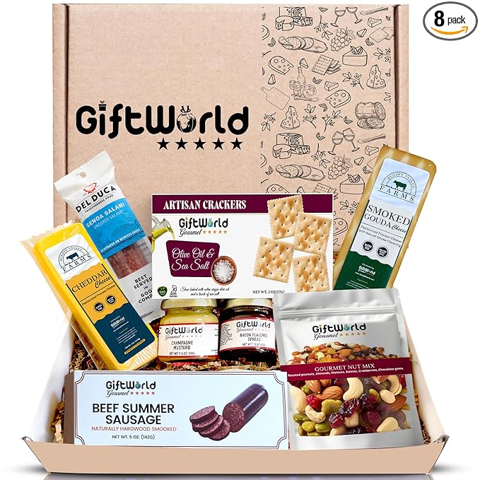 Beef Summer Sausage Charcuterie Cheese Gift Basket, Charcuterie Food Items, Meat and Cheese Gift Baskets, Food Gifts for Men, Meat Sampler For Men, Tailgating, Business, Congratulations, Care Packages, Thanksgiving and Christmas Gifts (8-item Bundle)