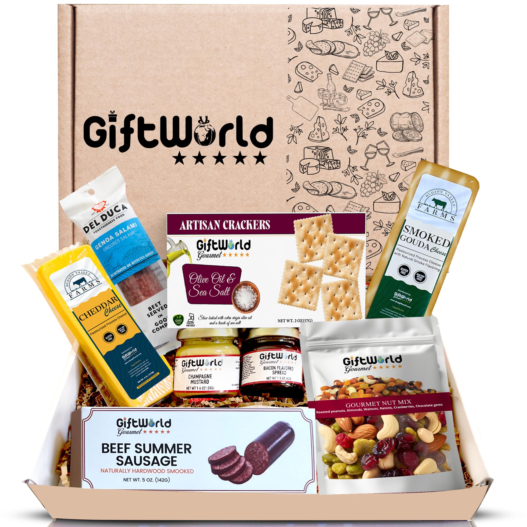Beef Summer Sausage Charcuterie Cheese Gift Basket, Charcuterie Food Items, Meat and Cheese Gift Baskets, Food Gifts for Men, Meat Sampler For Men, Tailgating, Business, Congratulations, Care Packages, Thanksgiving and Christmas Gifts (8-item Bundle)