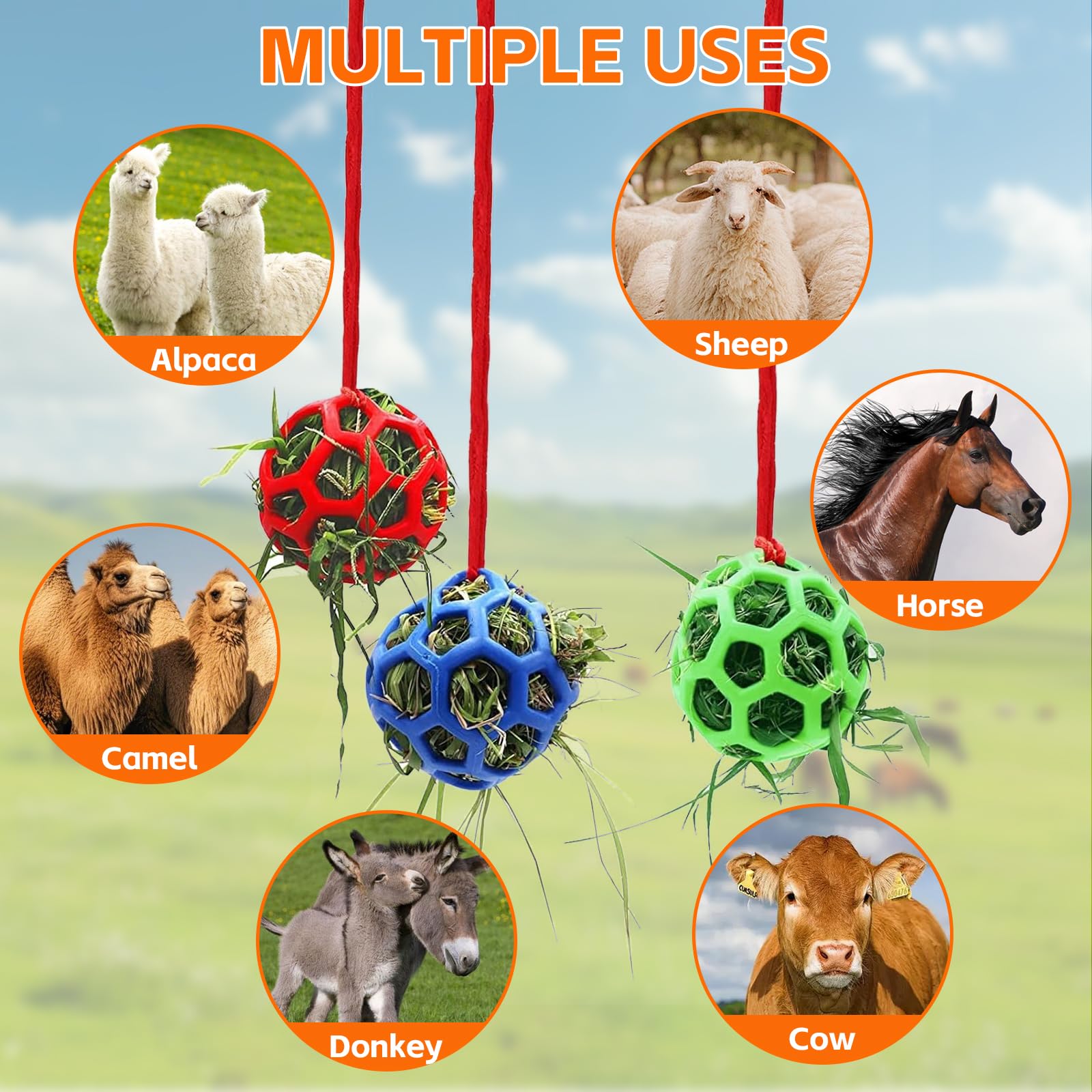 3 Pièces Balles à Foin pour Chevaux, Jouet D'alimentation Lent de Corde Suspendue, Mangeoire Foin Cheval, Adatto per Erbivori Come Bovini, Cavalli e Pecore, può Alleviare lo Stress