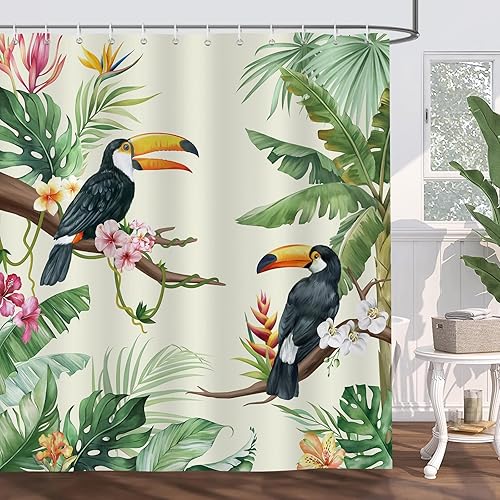 Miniatura 8 de Bonhause Cortina de ducha de pájaros tropicales para baño, cortina de baño decorativa de verano con hojas de tucán, 72 x 72 pulgadas, tela de