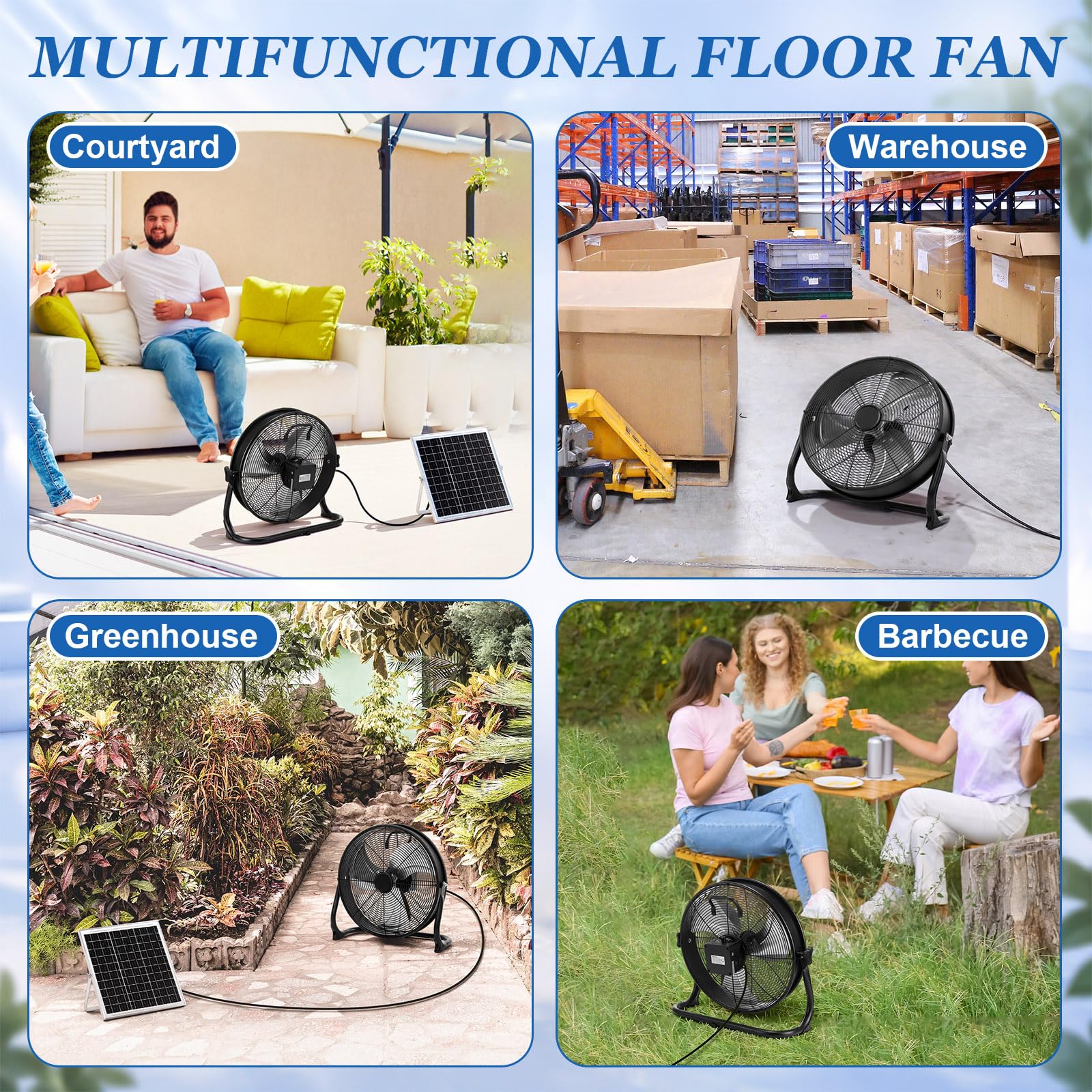 Hortsun 1 juego de ventilador de suelo de 12 pulgadas, 15600 mAh, alimentado por energía solar, negro, ventilador solar exterior, recargable, inalámbrico, inclinación de 360°, para invernadero