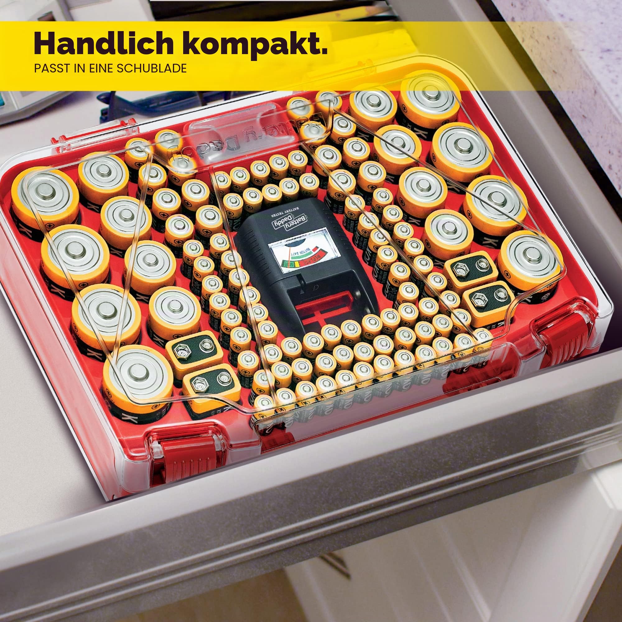 Battery Daddy Smart - Batterie-Organizer-Aufbewahrungskoffer mit Tester, speichert und schützt bis zu 150 Batterien, transparenter Verschlussdeckel, wie auf dem Fernseher gesehen