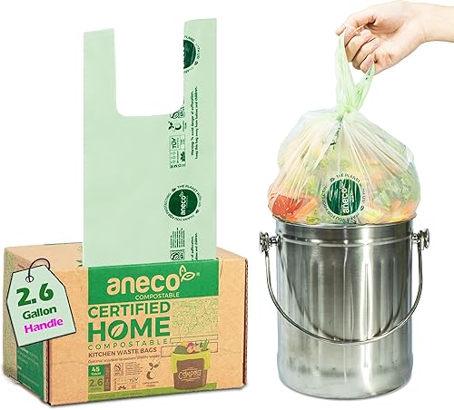 ANECO Bolsas de basura 100% compostables de 2.6 galones con asas, pequeñas bolsas de abono para contenedor de encimera, OK compostable para el hogar