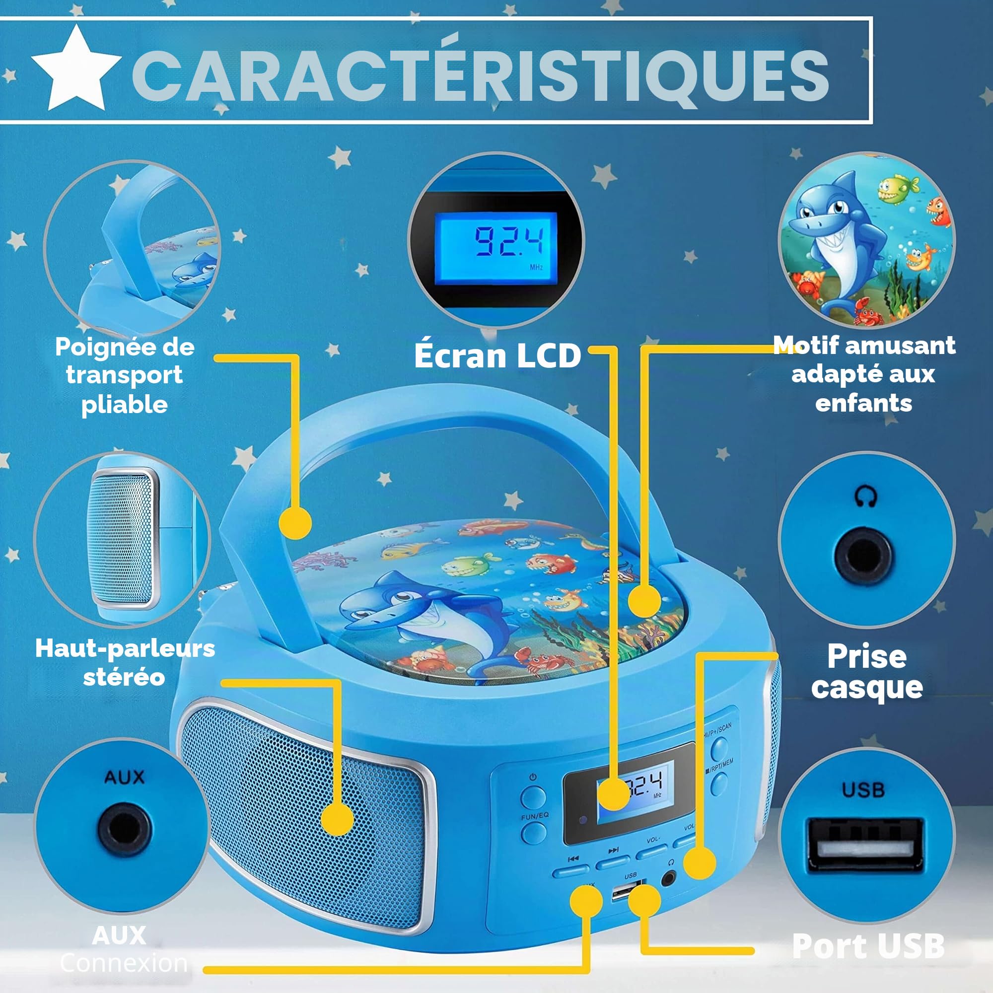 Cyberlux Boombox portable | Radio FM | Entrée AUX | CD/CD-R | USB | Prise casque | Lecteur | Radio enfant | Système compact | Chaîne stéréo | Boombox, Bubble Bleu