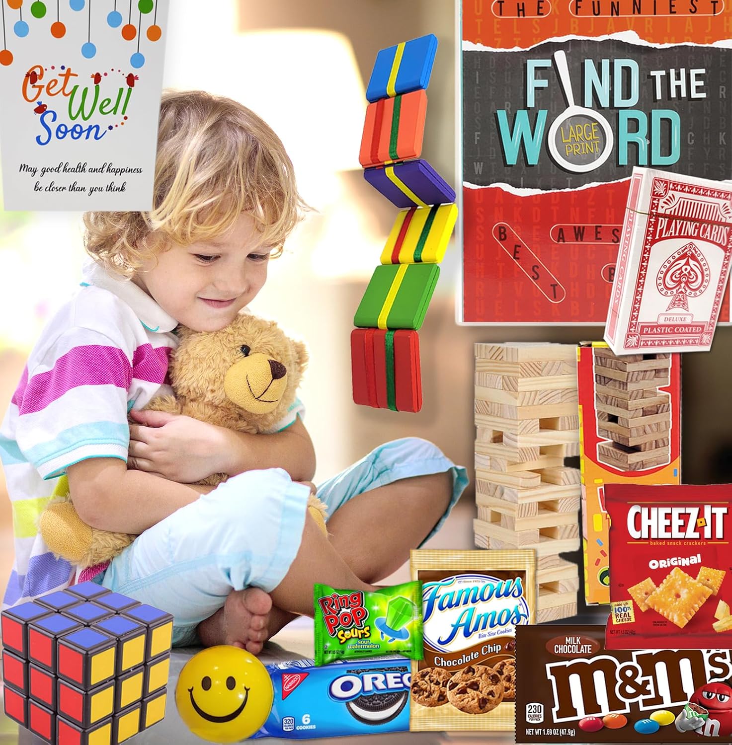 GET WELL SOON care package Gift for KIDS in recovery | Teddy Bear, Candy & Snacks Gift basket w/activities, Hospital or home, Greeting card, bundle package for children boy, girl, Feel better soon - Image 3