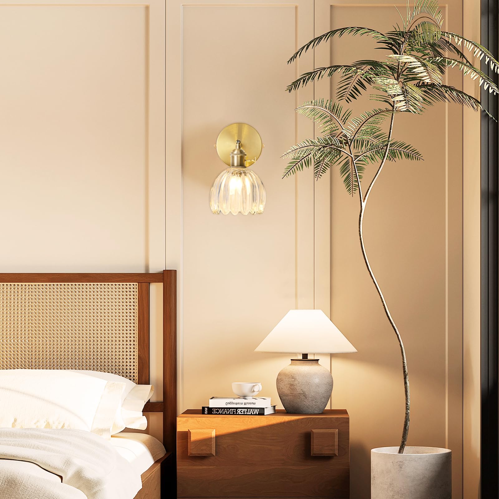 Festverdrahtete Wandleuchte, Vintage wandleuchte mit Schalter, Goldene Armatur mit Tulpen-Transparentglas-Lampschirm, Wandlampe Innen, Wandlampe mit Schalter, Leuchtmittel Nicht Enthalten