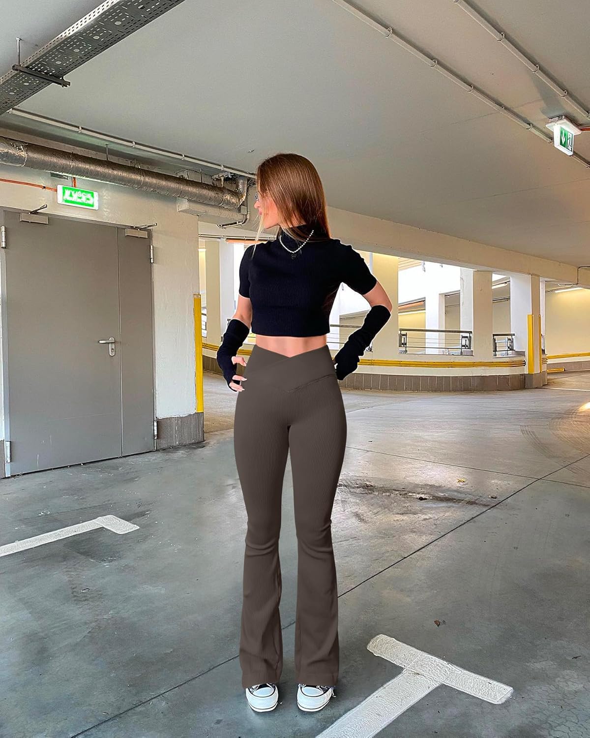 OQQ Women's Flared Pants Ribbed Cross Over High Waist Bell Bottoms Lounge Travel Pants - Image 6