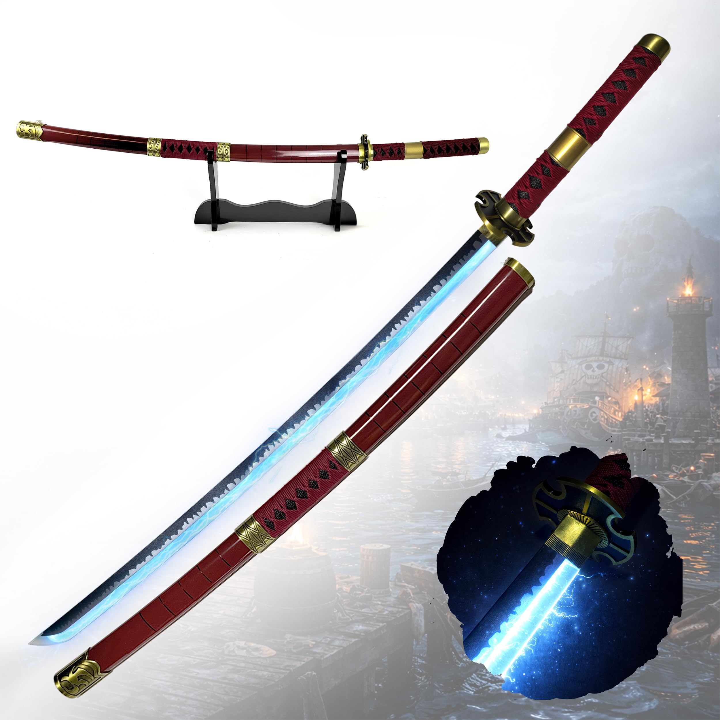 One Piece - Schwert, Lichtschwert, Laserschwert, Lightsaber, Katana LED, Samurai Sword mit LED Klinge mit Scheide, Animefans, Anime Cosplays, für Erwachsene und Kinder