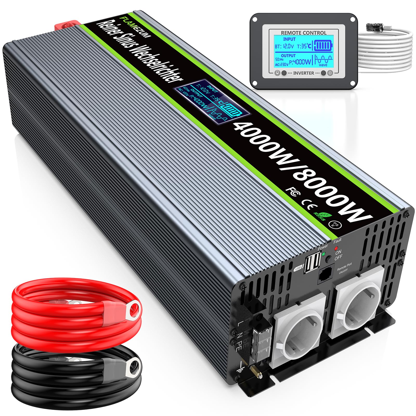 4000W/8000W Power Inverter 12v 220v Onda Pura Transformatore di Tension Convertitore Invertitore di Tensione-2 EU Presa con Uscita USB Telecomando Adatto per frigoriferi,Elettrosega
