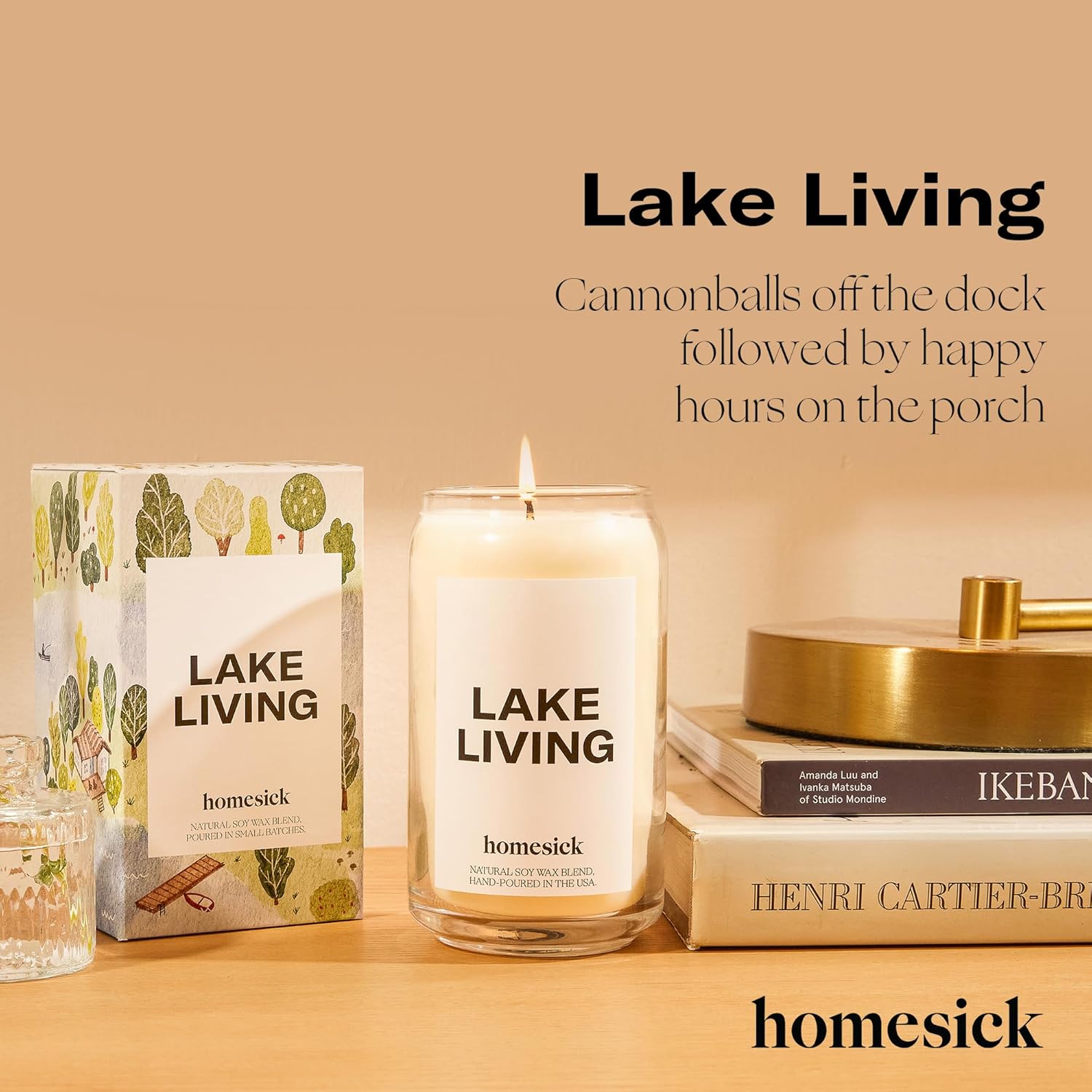 Homesick Scented Candles for Home (Lake Living) - 13.75 oz Long-Lasting Soy Wax Blend Jar Candle Gifts for Women & Men, 60-80 Hours Burn Time - Notes of Fresh Mineral Springs, Water Lotus & Pine