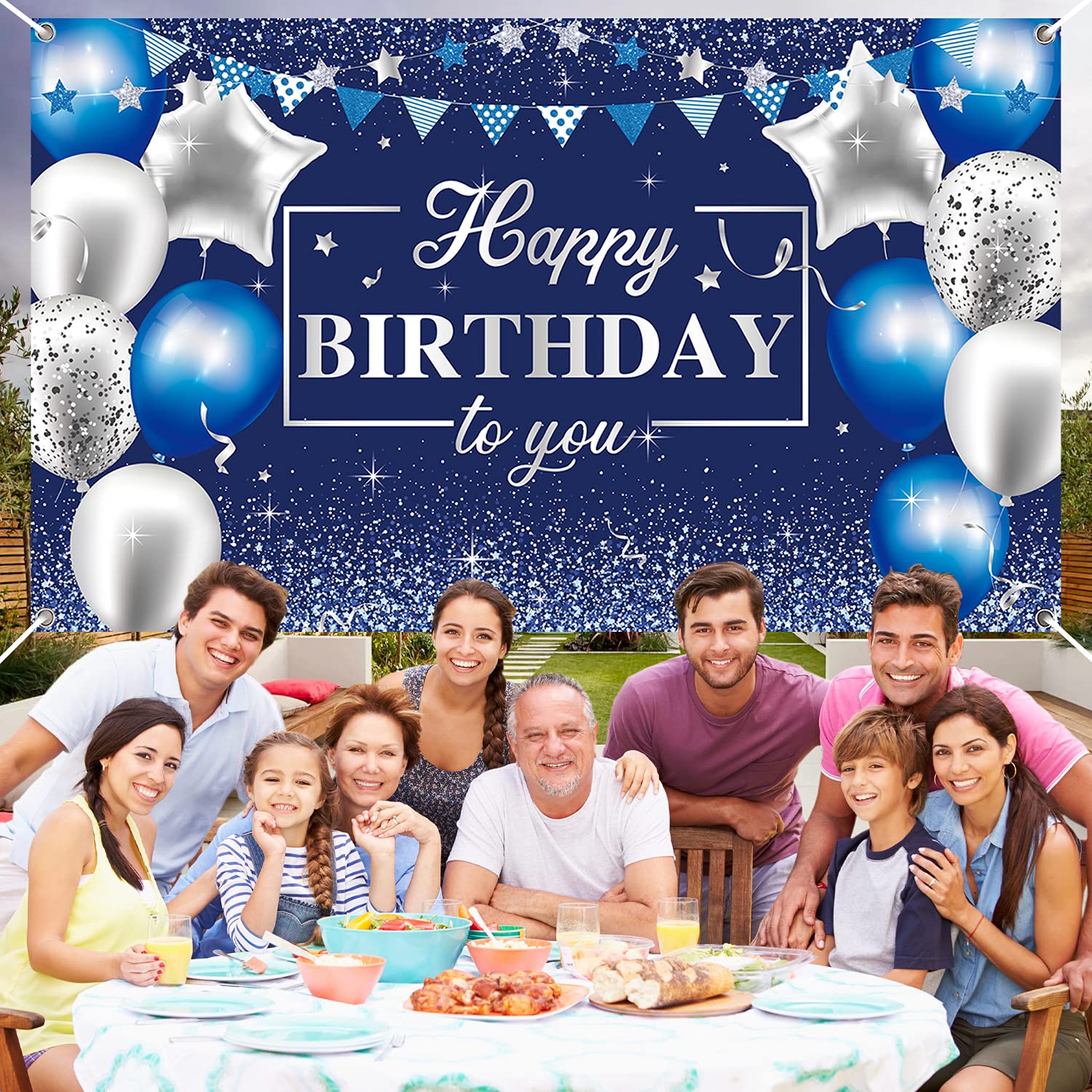 Happy Birthday Banner – Marineblau/silber, 185x110 Cm, Für Partys Und Fotohintergrund