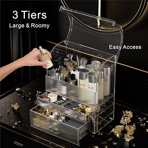 Miniatura 5 de Organizador de maquillaje para el cuidado de la piel, organizador de cosméticos de gran capacidad con caja de 2 capas, a prueba de polvo e