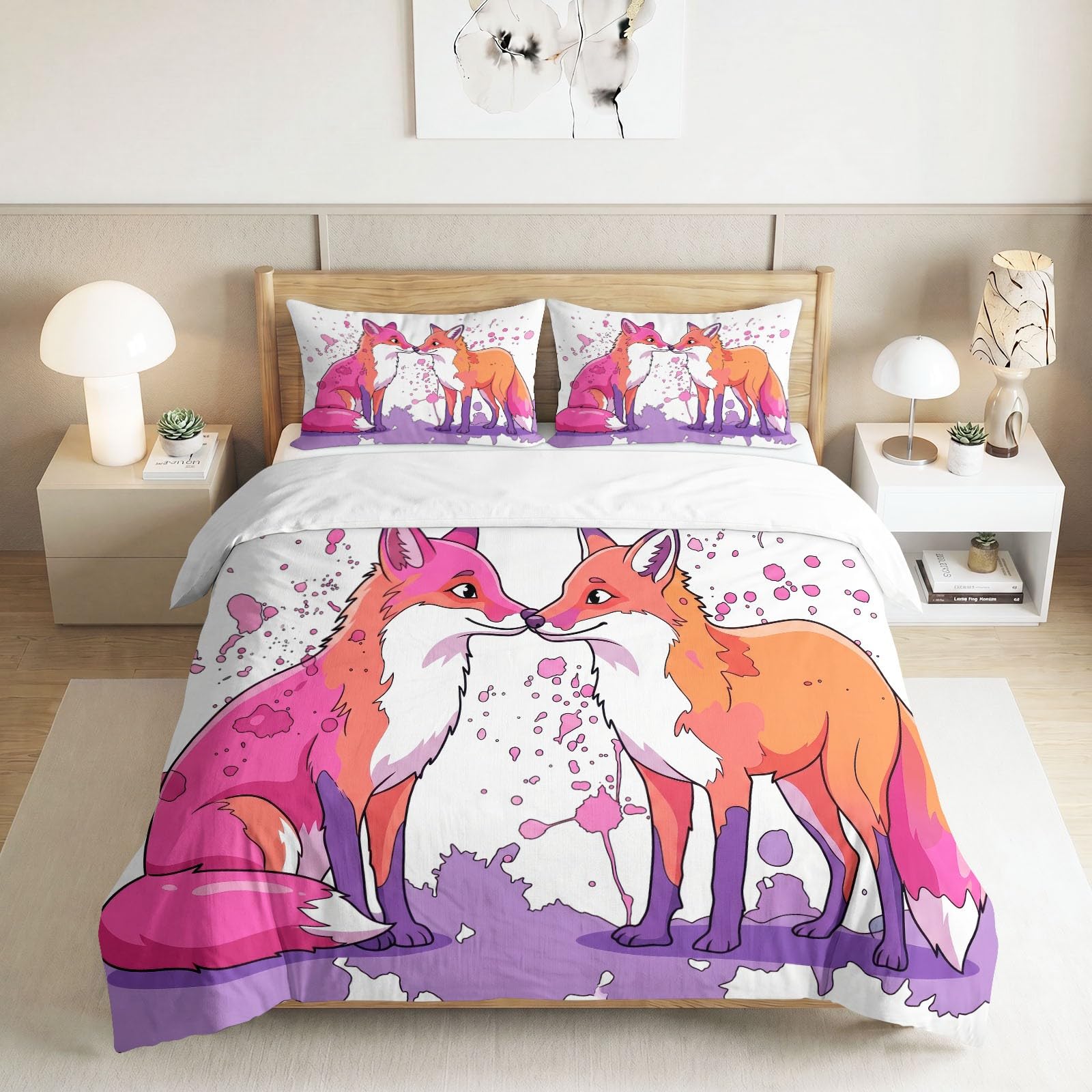 Generisch Bettwäsche Set 3-teilig 200 x 200 cm, Aquarell Kinderbettwäsche Mikrofaser mit Reißverschluss - Bettbezug Tiere Fuchs Herzform für Jungen Mädchen Weiß Bettwaren