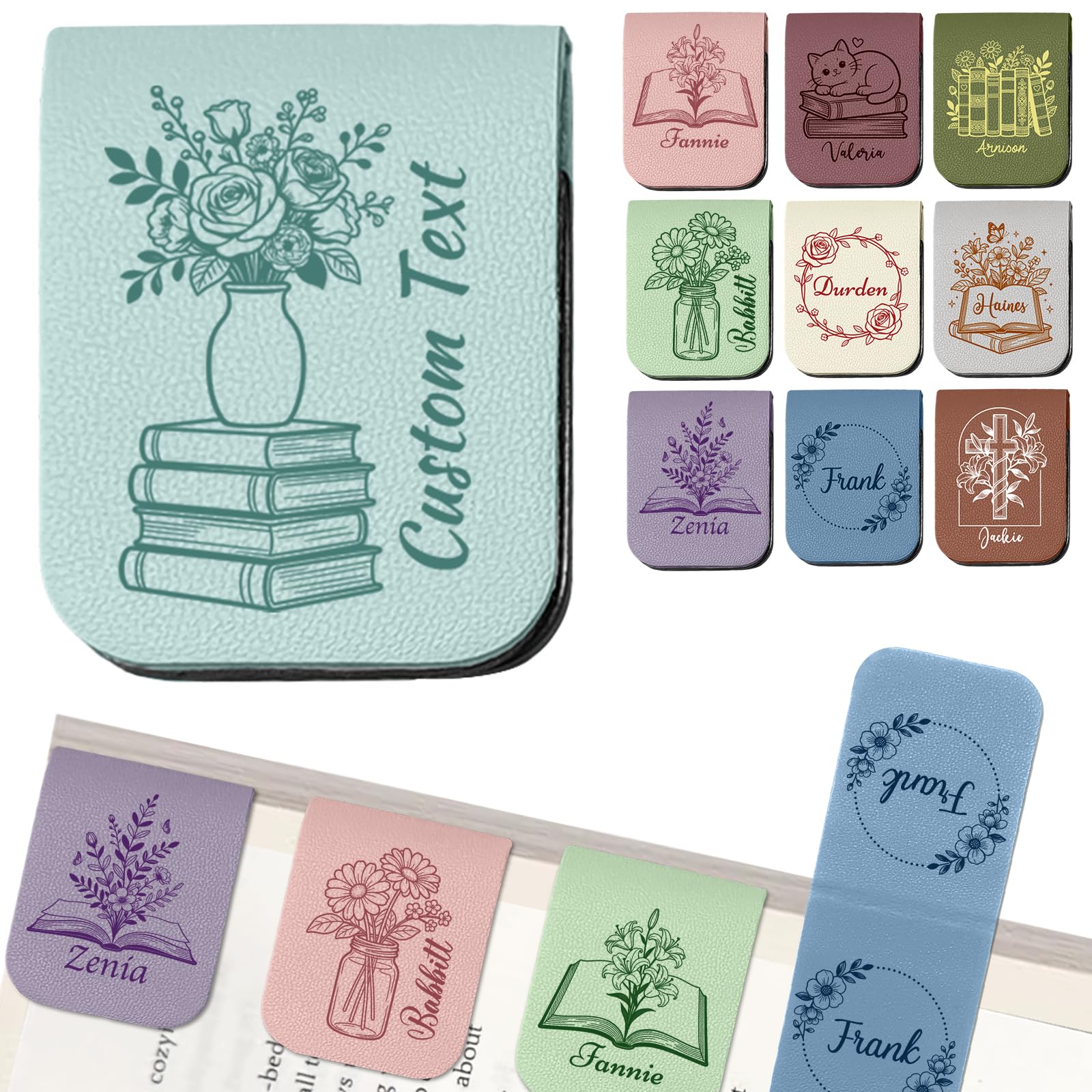 Personalised Leather Magnetic Bookmark with Name Icon Custom Book Marks Clip Customised Gifts for Reading Women Book Lovers Reader-Icon