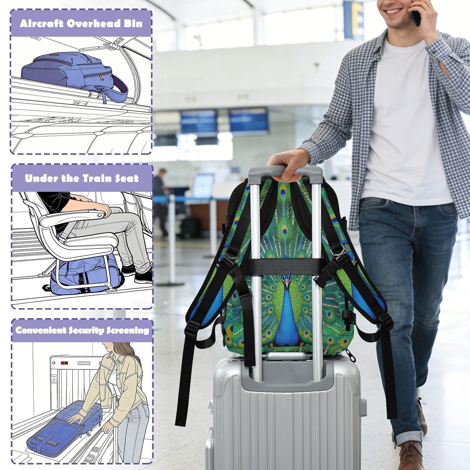 Plecak podróżny torba na laptopa 15,6 cala dla kobiet podróżny 20 l | Elegancka torba na laptopa pawie pióra torba na laptopa 16 cali do samolotów bolso para viaje 20 l