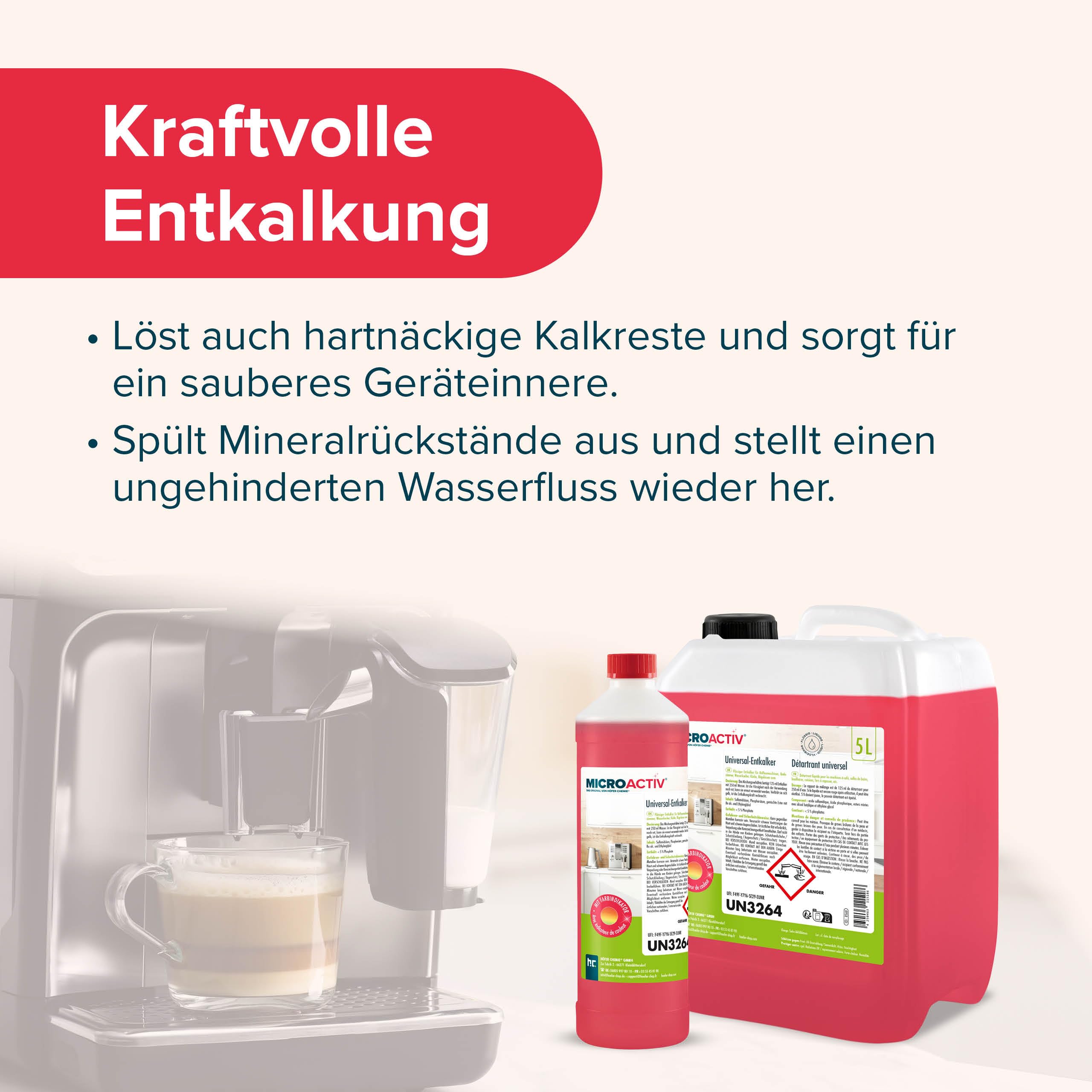 Höfer Chemie 4 x 5 L (20 L) Universal Entkalker | Mit Farbindikator für Kaffeemaschinen & Kaffeevollautomaten