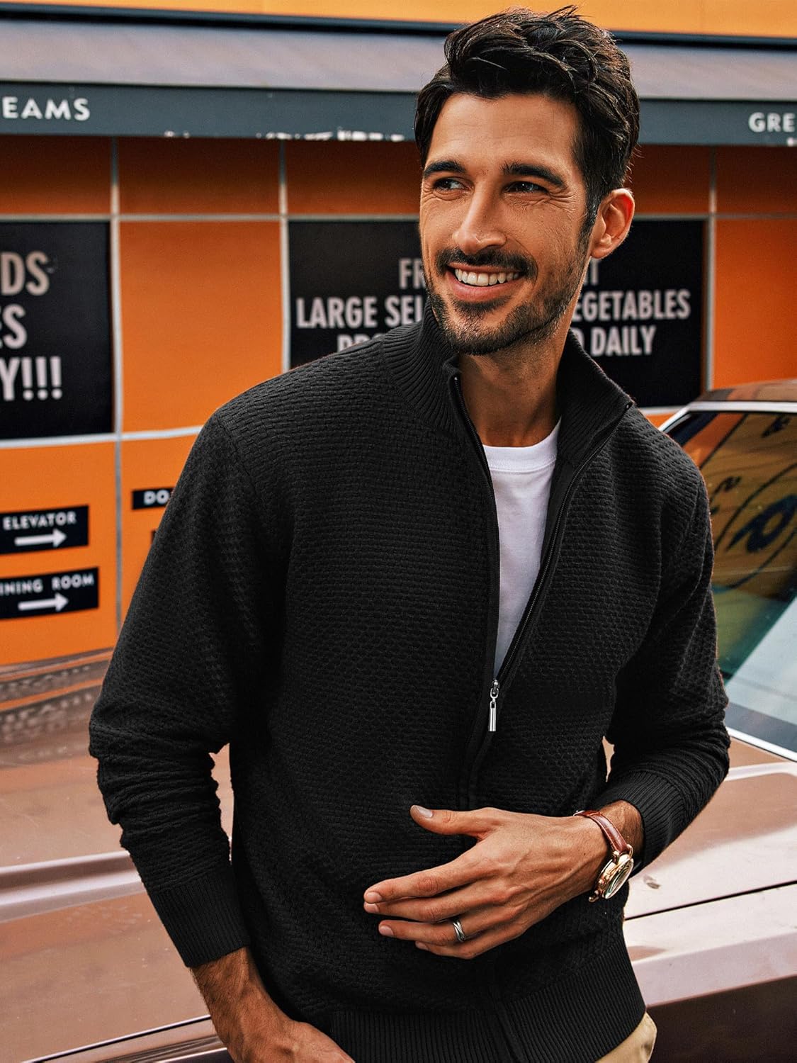 PJ PAUL JONES Mens Cardigan Sweater Full Zip Up Stand Collar Cardigans Long Sleeve Knitted Sweaters - Image 2