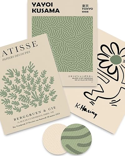 iHery Juego de 3 arte de pared de Henri Matisse sin marco, decoración verde salvia Yayoi Kusama, impresiones en lienzo de verdadera calidad para 12