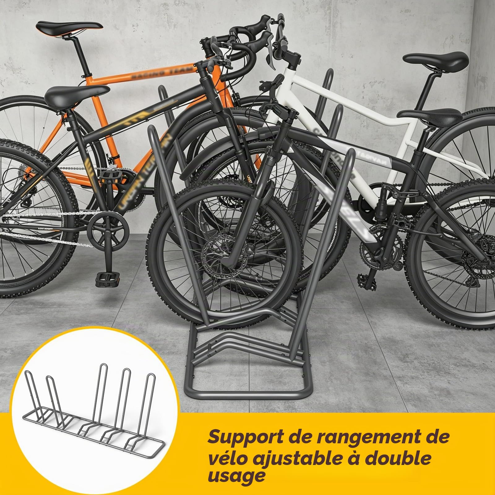 Support Range Velo Réglable – Râtelier Vélo 5 Places, Rangement Velo Garage à Double Usage, Porte-vélos avec Ancrage au Sol pour Sécurité, Parfait pour Garage/Jardin