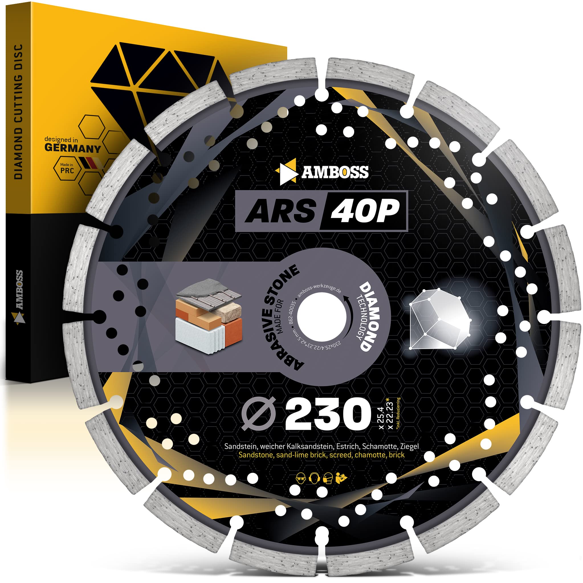 Amboss ARS 40P - Disco de corte de diamante, diámetro 230 mm x 22,2 mm, piedra arenisca/piedras calizas suaves/pavimento/ladrillo, altura del segmento: 10 mm (sinterizado)