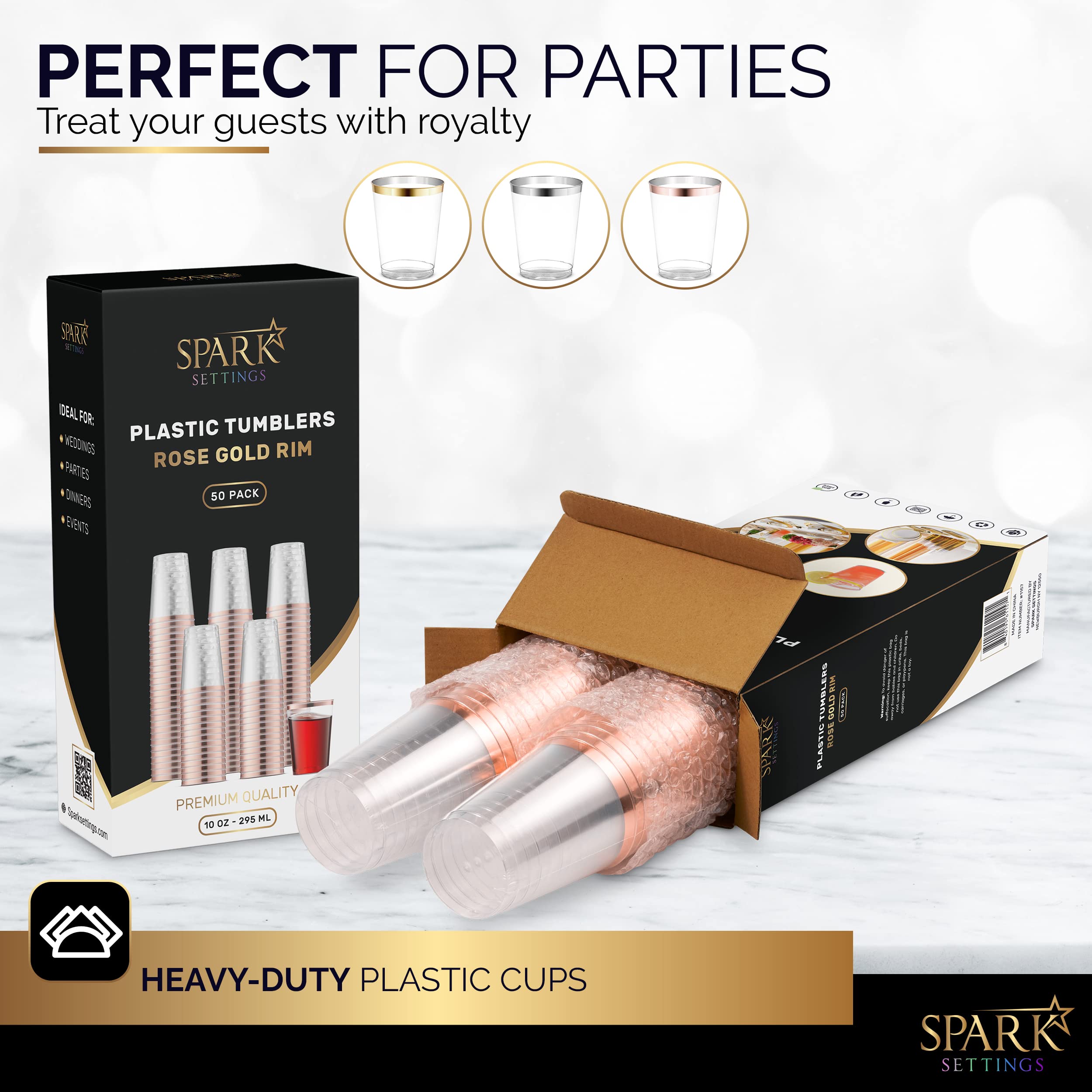 Lot 50 Gobelets Réutilisables Bord Doré 280ml - Verres PS Élégants Pour Champagne Cocktail Bière Dessert