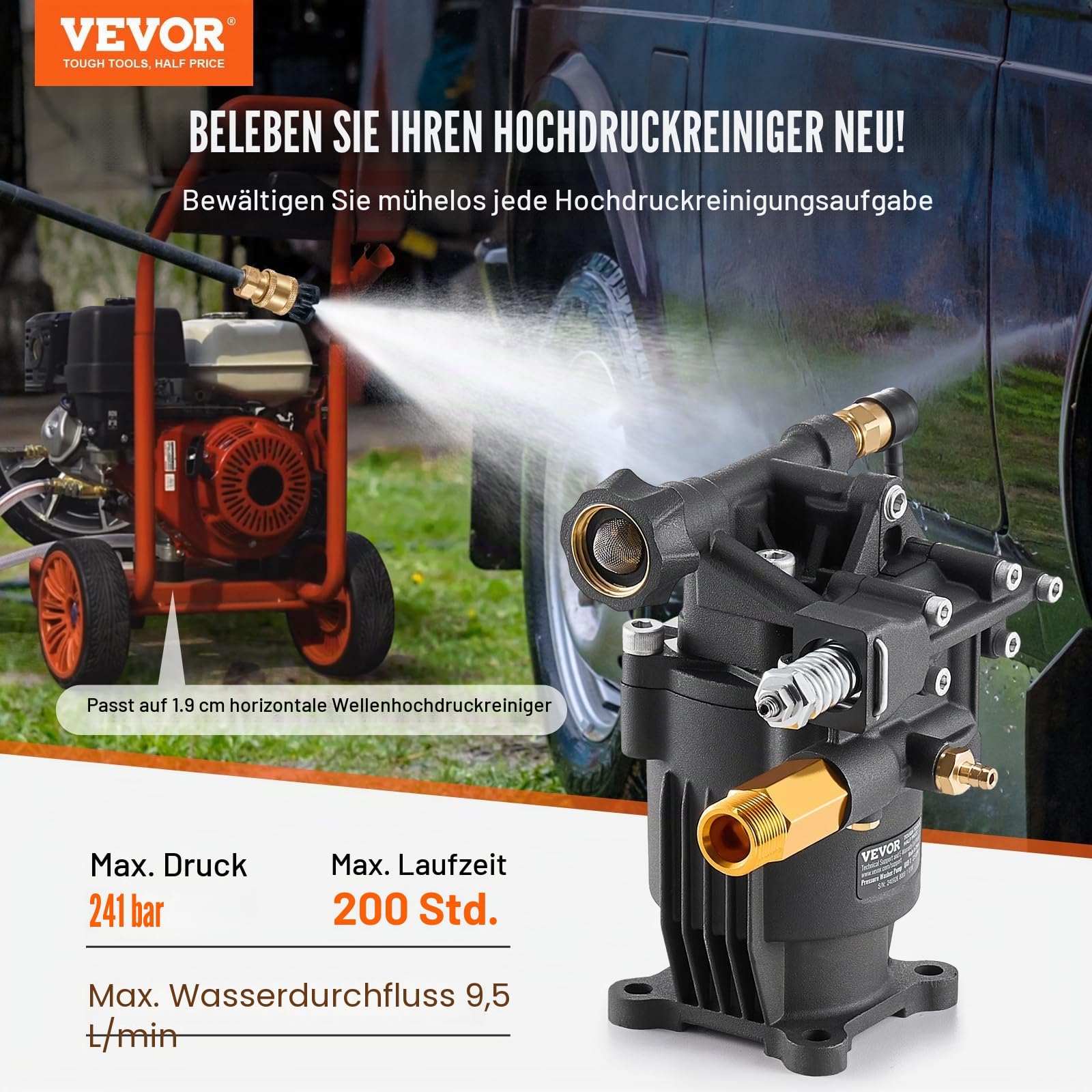 VEVOR Hochdruckreinigerpumpe, 3/4 Zoll Welle horizontal, 3500 PSI, 2,5 GPM, Ersatz-Hochdruckreinigerpumpen-Set mit 5 Düsen, Hardware und Siphonrohr, bis zu 150 Stunden, Hochdruckreiniger Ersatzpumpe