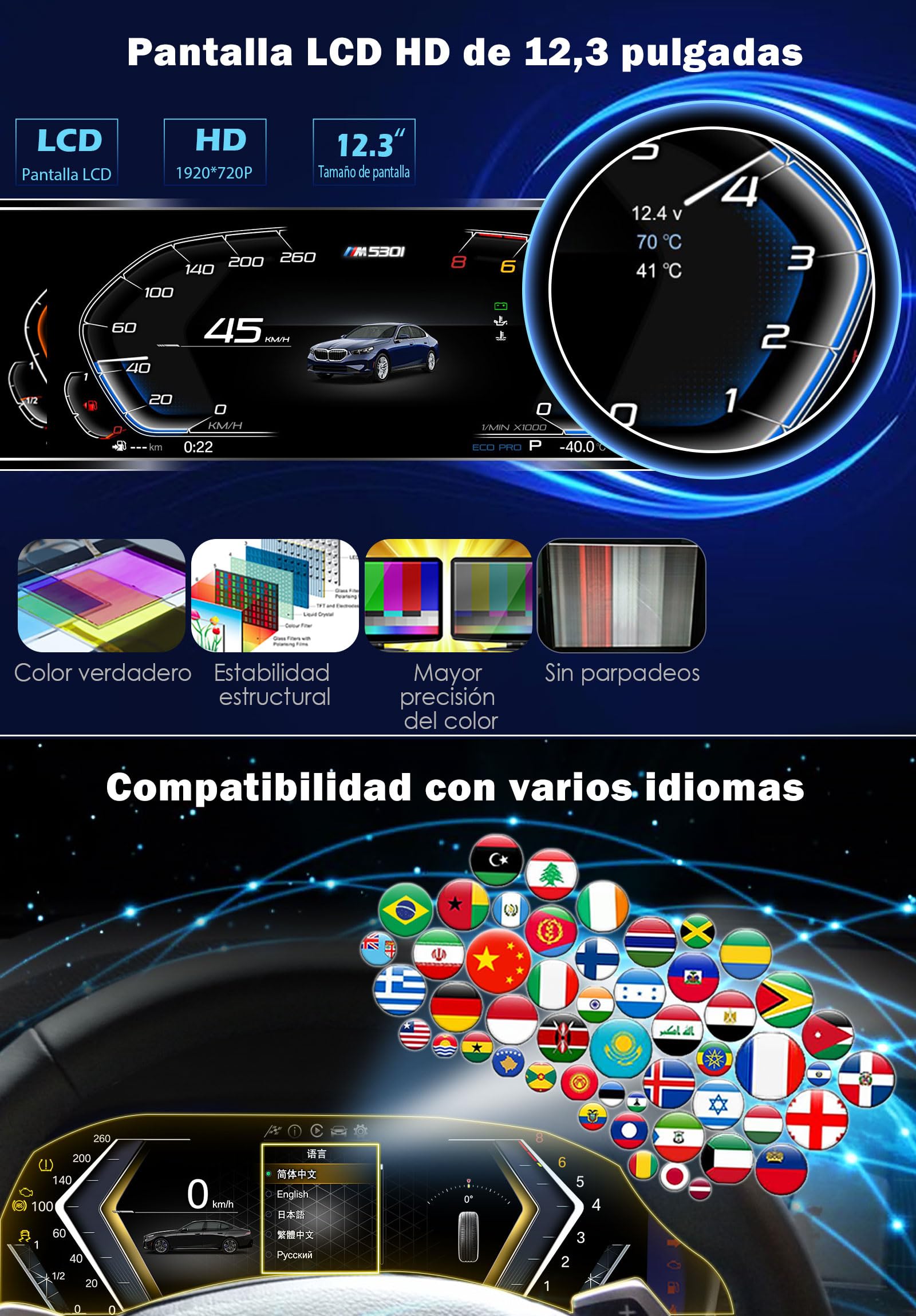 12.3" Cuadro de Instrumentos Digital Pantalla LCD para BMW X5 E70 BMW X6 E71 BMW Serie 5 E60/E61 con CCC/CIC, 4-Core Panel de Instrumentos Digital, Controles Volante 7-UI Temas HD Tablero Digital