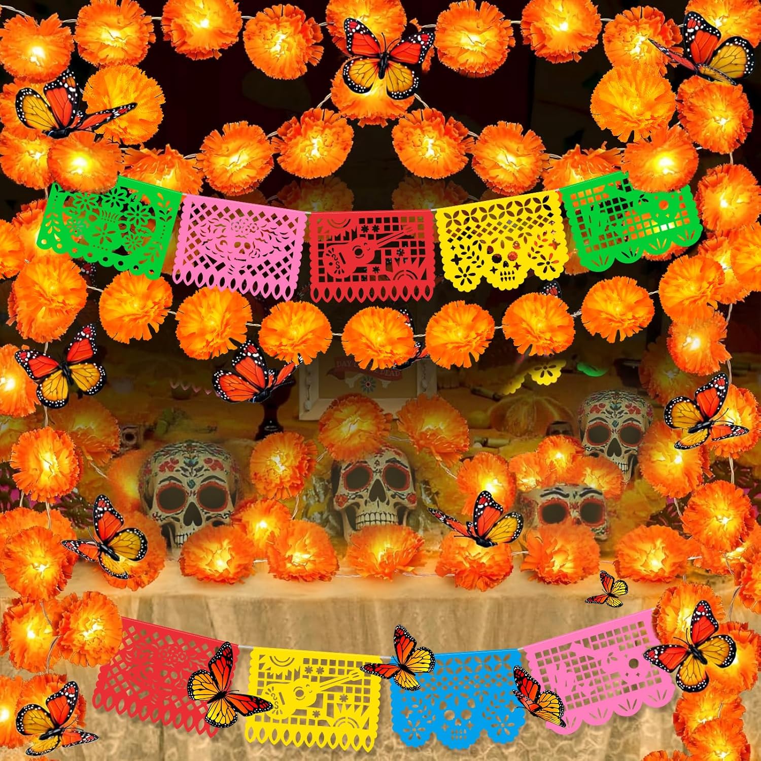 4 Pack Marigold Garland Day of The Dead Decorations Set, Total 40Ft 80 Lighted Artificial Marigold Flowers 24 Butterfly and 9 Plastic Papel Picado for Dia De Los Muertos Indian Diwali Altar Decor