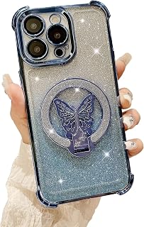 for iPhone 14 Pro Max Magnetic Case,Luxury Bling Sparkly with MagSafe Butterfly Stand Kickstand and Four Corner Shockproof Camera Protection for Women Girls Case for iPhone 14 Pro Max-Blue