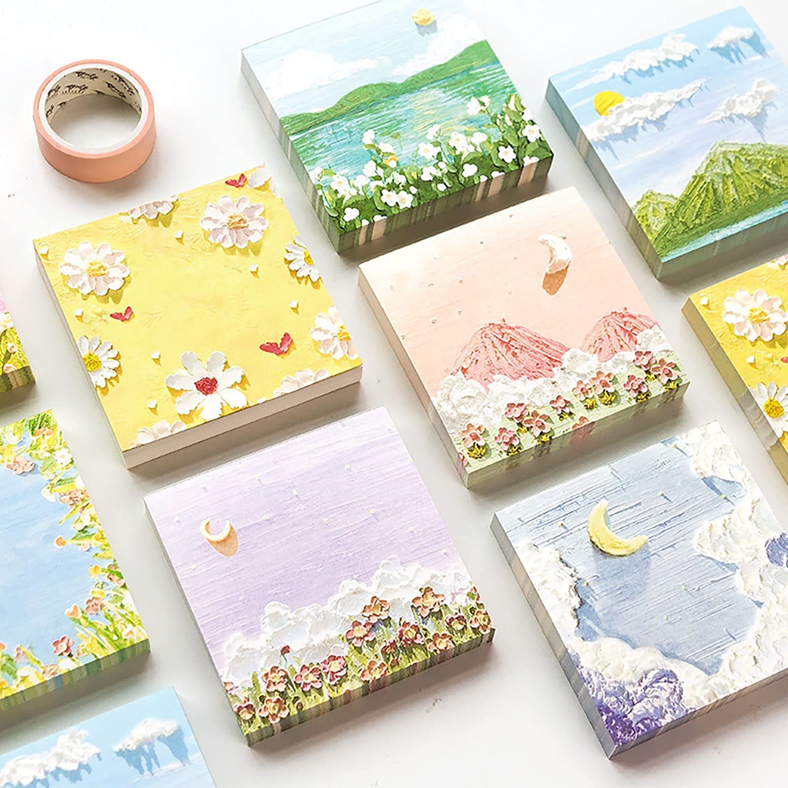 KASTWAVE Sticky Notes, Colored Sticky Notes, 8 Pack, 100 Sheets Per Pad, Total 800 Sheets, Note pads, Writing pads - Non-Adhesive Memo Pad, Themes Scenery Painting Mountain Beach Flowers Memo Set