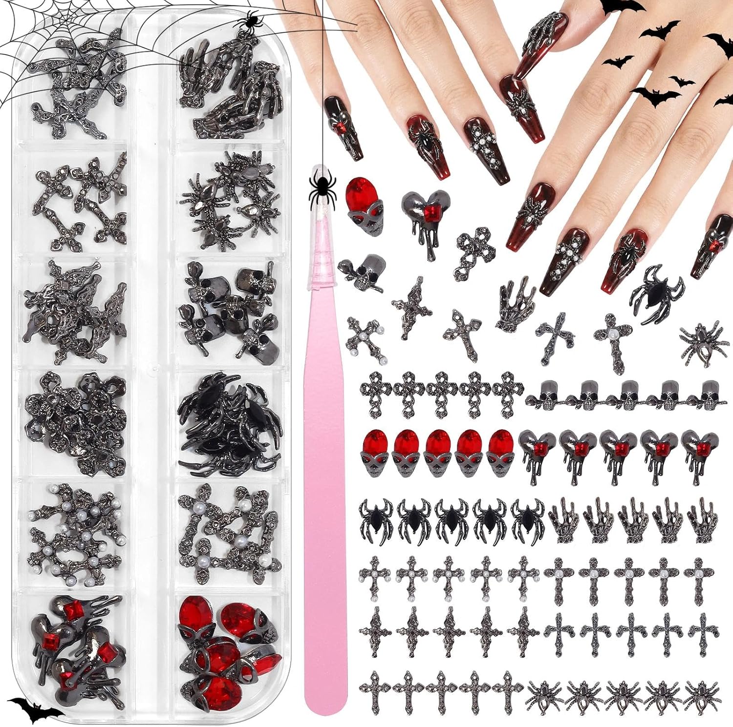 60Pcs Halloween Nail Charms, 3D Gothic Cross Skull Spider Charms for Nails
