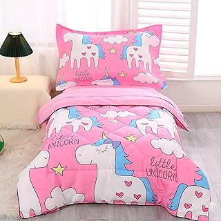 Toddler Bedding Sets for Girls 4 Piece Unicorn Toddler Bed Set with Comforter, Flat Sheet, Fitted Sheet and Pillowcase (Pink Unicorn)