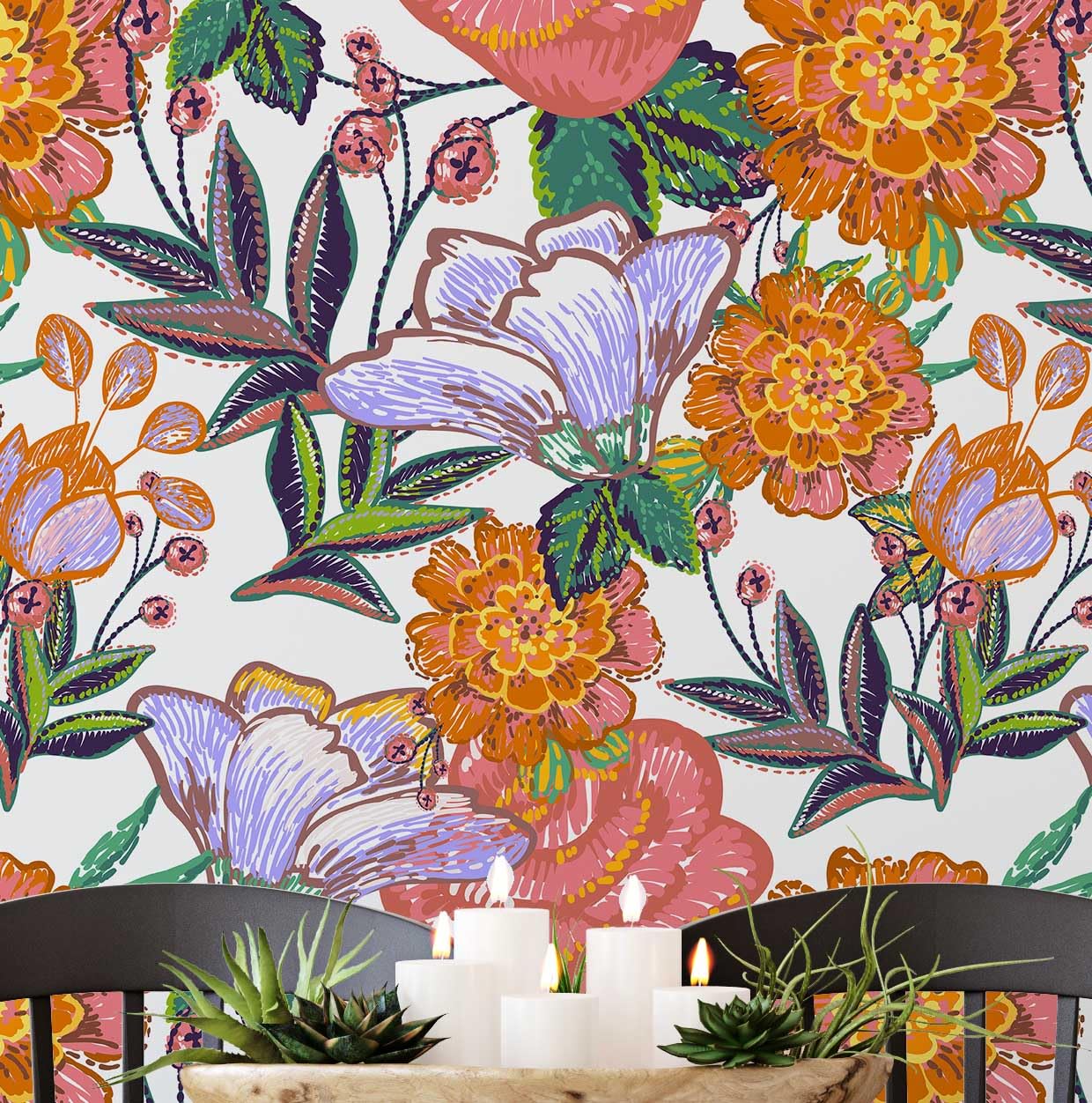 Papier Peint Vinyle Autocollant Amovible - Rénovation Murale Sans Colle Motif Floral Vibrante