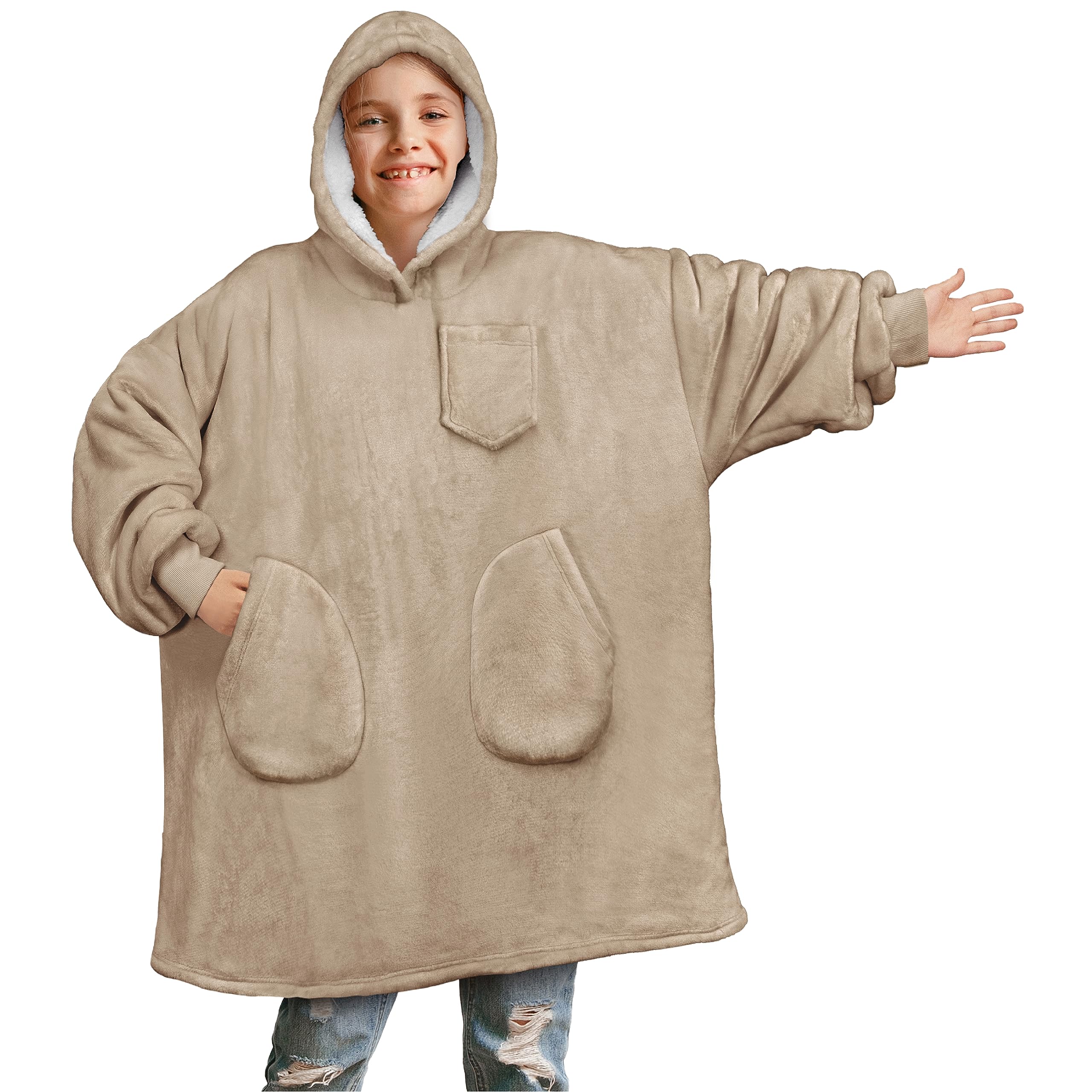 PAVILIA Coperta indossabile per bambini e bambine, calda e accogliente felpa con cappuccio gigante con due tasche, in pile Sherpa con cappuccio per adolescenti