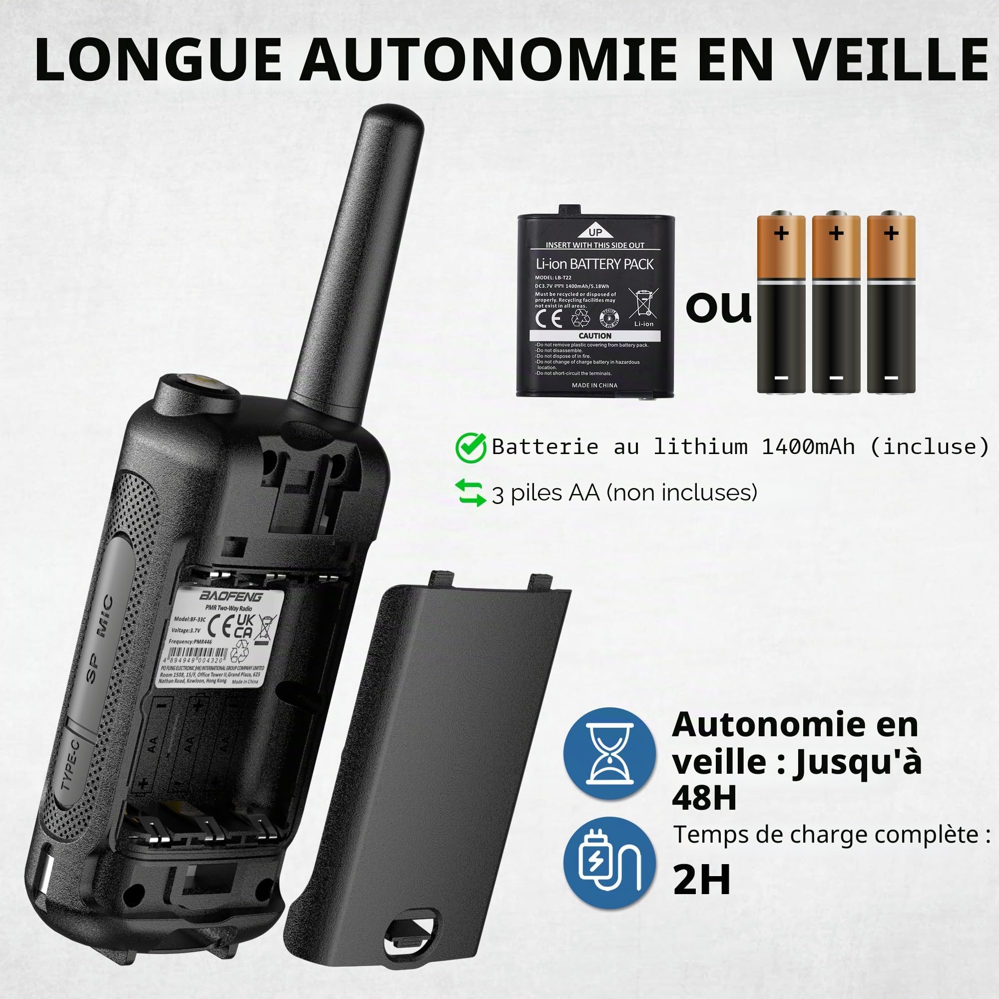 Baofeng BF-33C Talkie-Walkie PMR446 pour Enfants, radios bidirectionnelles Longue portée avec Batterie Rechargeable, Charge USB-C, VOX, pour Jeux en Plein air et Aventures familiales, Lot de 3