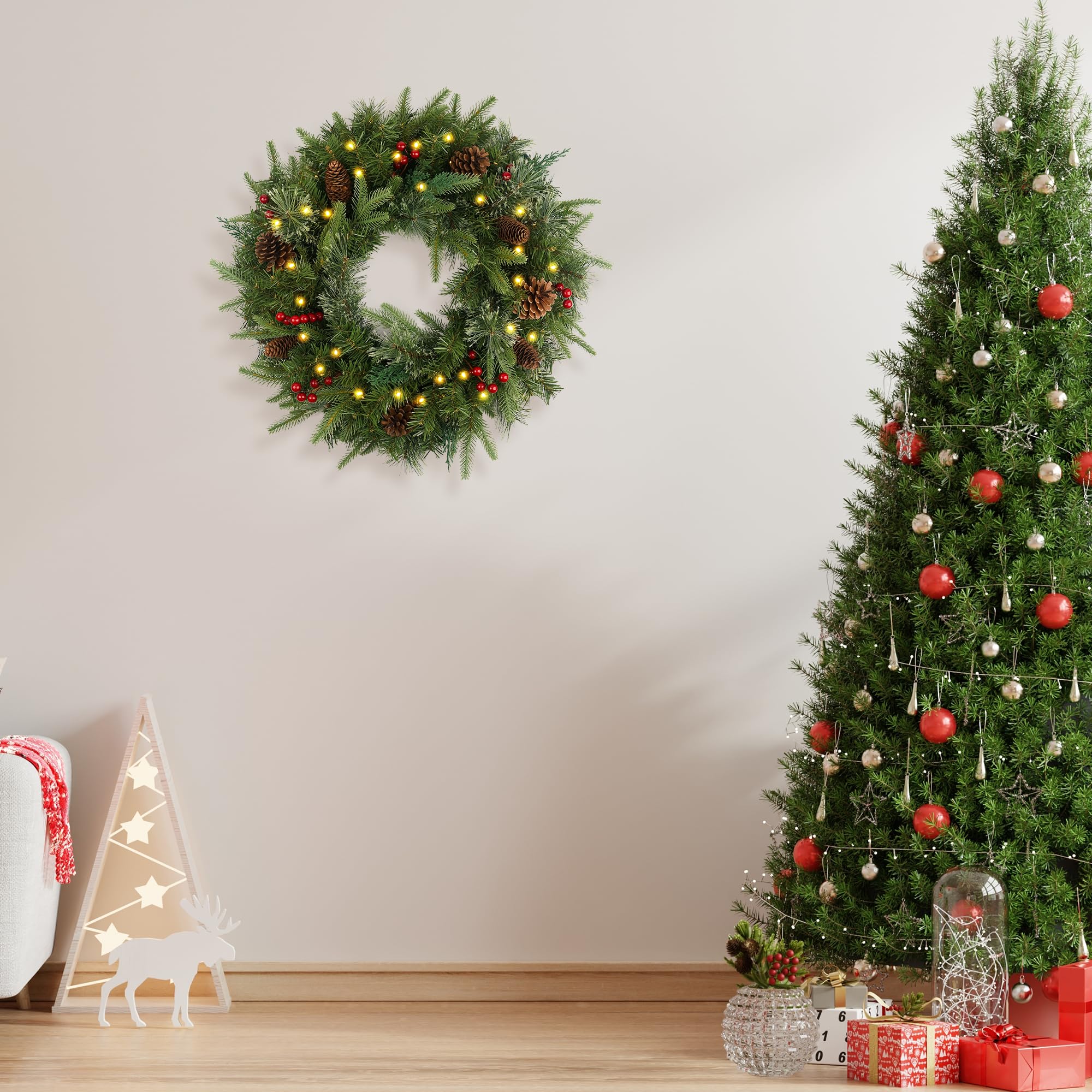 Weihnachtskranz Vorbeleuchtet 61.0 cm mit 50 Licht & Tannenzapfen, Künstliche Weihnachtskränze für Haustür mit Lichtern, Kranz für Weihnachtsdekoration Tür Fenster Wand Grün