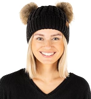 Funky Junque Women’s Double Pom Pom Beanie – Soft Knit Winter Hat for Women & Teens, Warm Cuffed Beanie with Faux Fur Poms