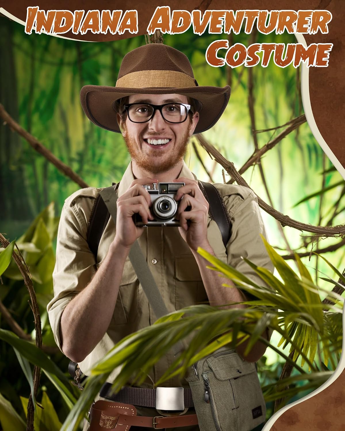 6 Pcs Halloween Indiana Adventurer Costume for Men, Canvas Bag, Brown Adventurer Hat, Holster, Tactical Belt Accessories for Halloween Party