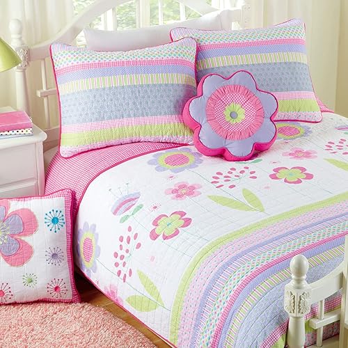 Cozy Line Home Fashions Juego de ropa de cama reversible de 100 % algodón con estampado floral rosa lavanda y verde lavanda (flores, individual, 5