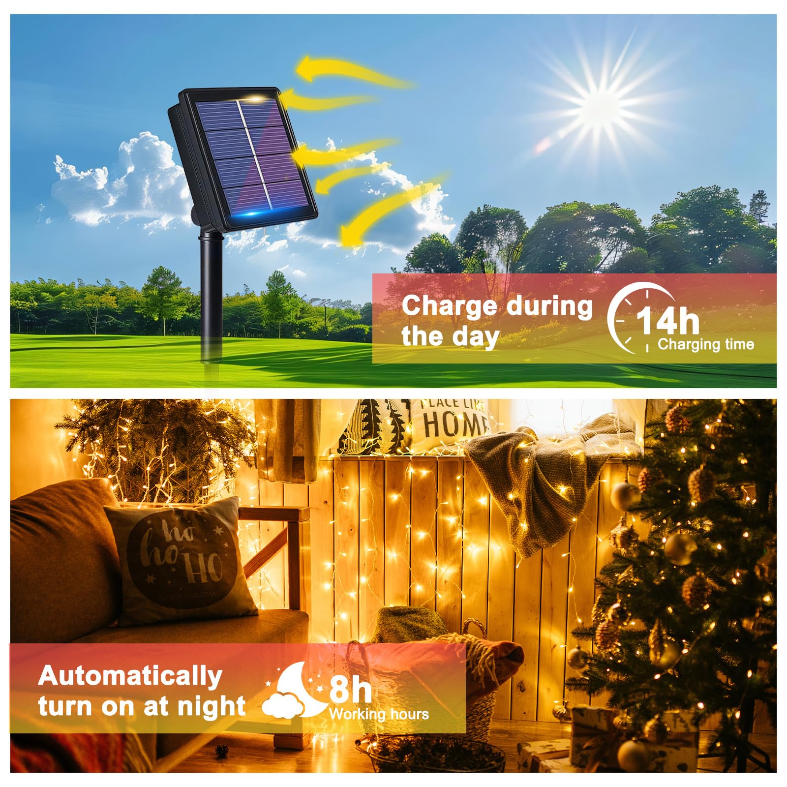 flintronic Solarne łańcuchy świetlne na zewnątrz, oświetlenie ogrodowe (100 diod LED, 8 trybów), 10 m, automatyczne włączanie/wyłączanie, oświetlenie z drutu miedzianego, wodoodporne dekoracyjne