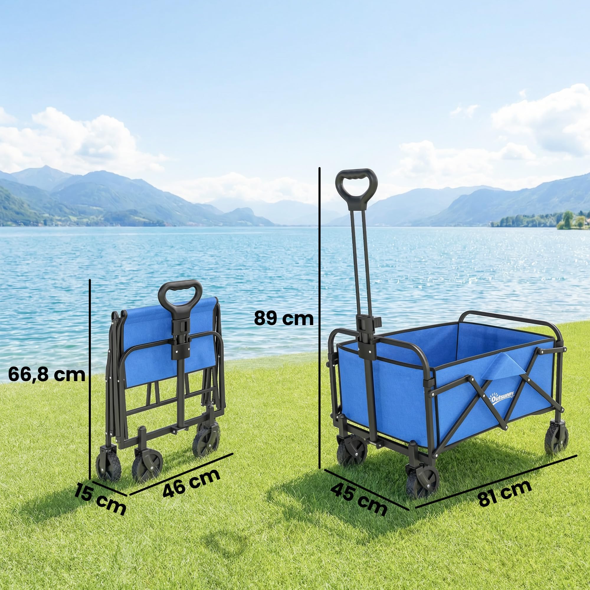 Outsunny Carro Playa con Ruedas, Carro de Jardín Plegable con Mango Ajustable, Marco de Metal, Carga 68 kg, Carrito Transporte para Todo Terreno, Jardín, Campaña, Compra, Azul