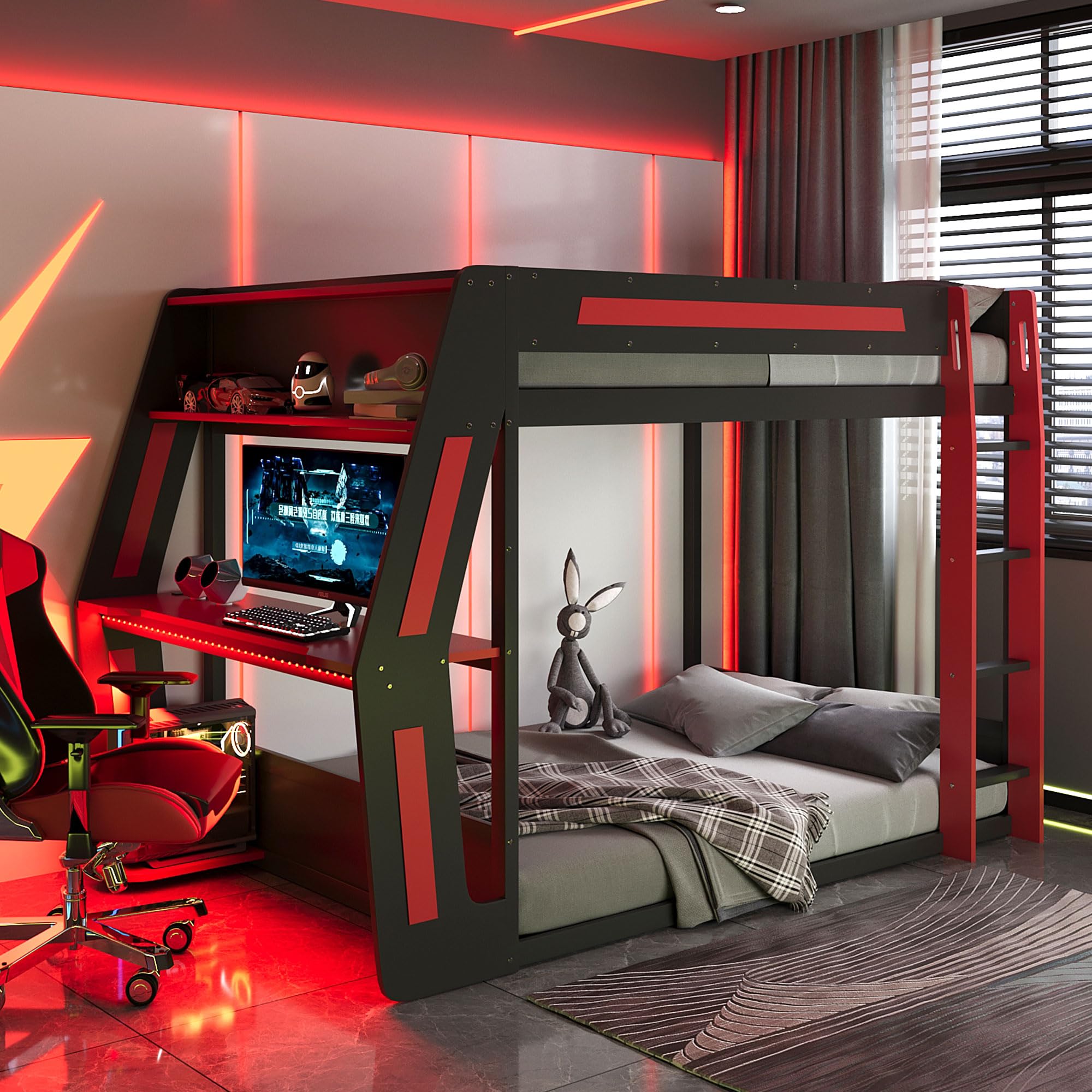 Full Size Gaming Bunk Bed with Side-Mounted Oversized RGB Desk, USB Charging Ports & Cable Grommet,LED Light Strip,for Kids Teens Adults Bedroom (Red#USB, Full)