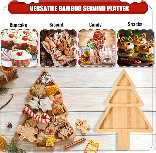 Miniatura 6 de Bandeja de bambú de Navidad con forma de árbol de Navidad, bandeja de madera para servir varios espacios, tablero de charcutería, platos decorativos