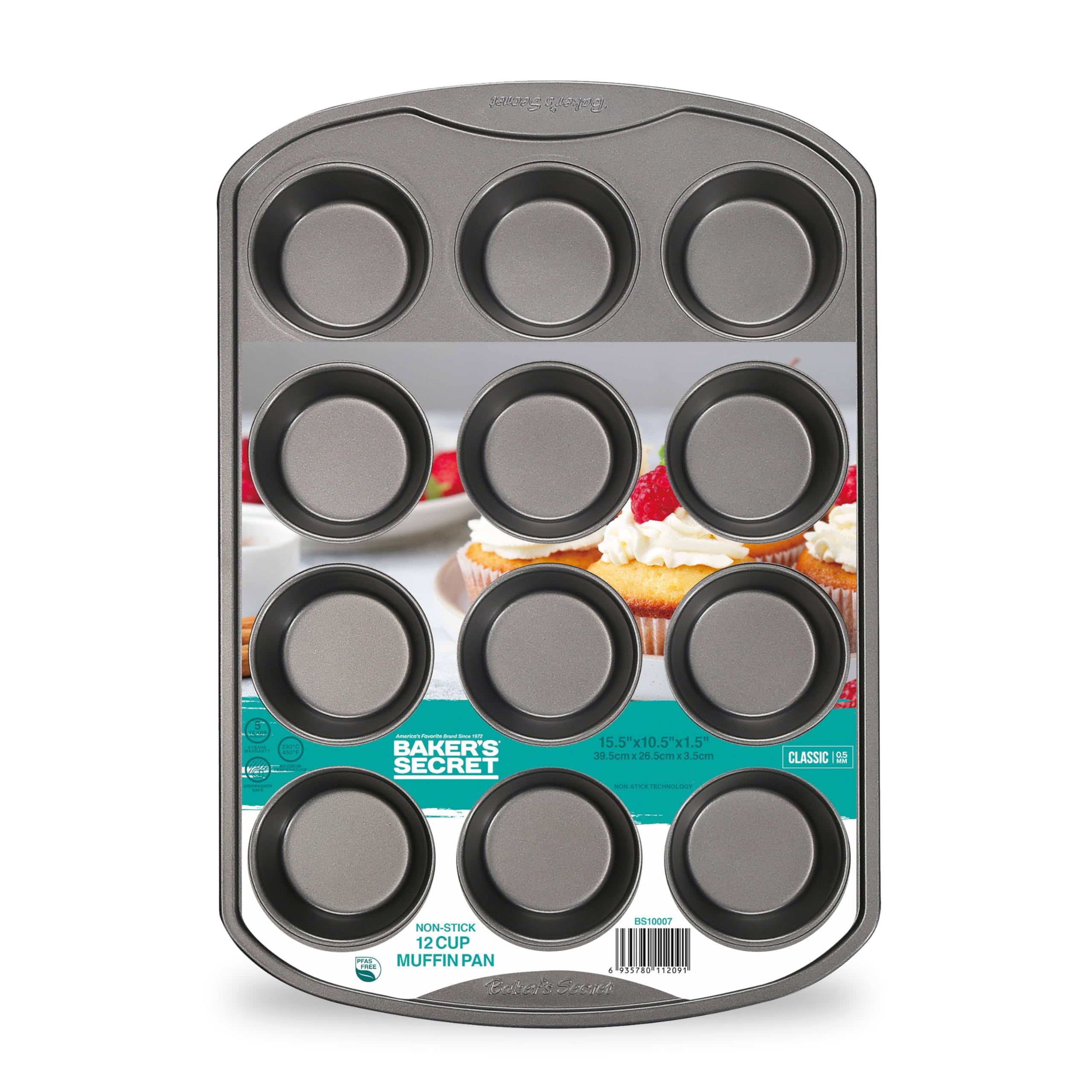 Baker's Secret 12 Tassen Muffinform Cupcake Antihaftform – Karbonstahl Pfanne für Muffins, Cupcakes, Antihaftbeschichtung, leicht zu lösen, spülmaschinenfest, Backzubehör – Classic Collection