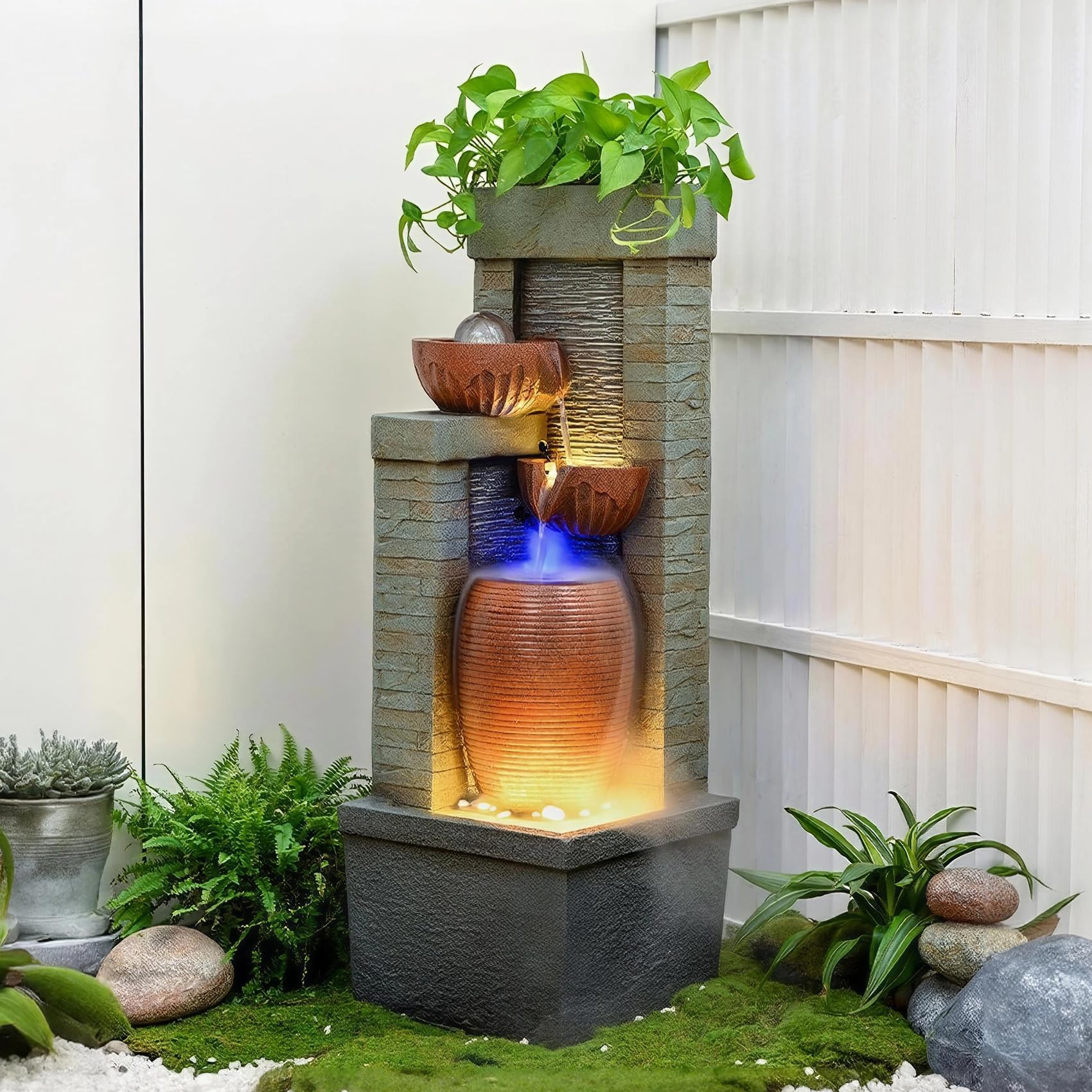 Fontana da Giardino Cascata d'Acqua 4 Livelli con Pompa dell'Acqua e Uscita dell'Acqua per la Decorazione del Patio 28 * 39 * 67 cm