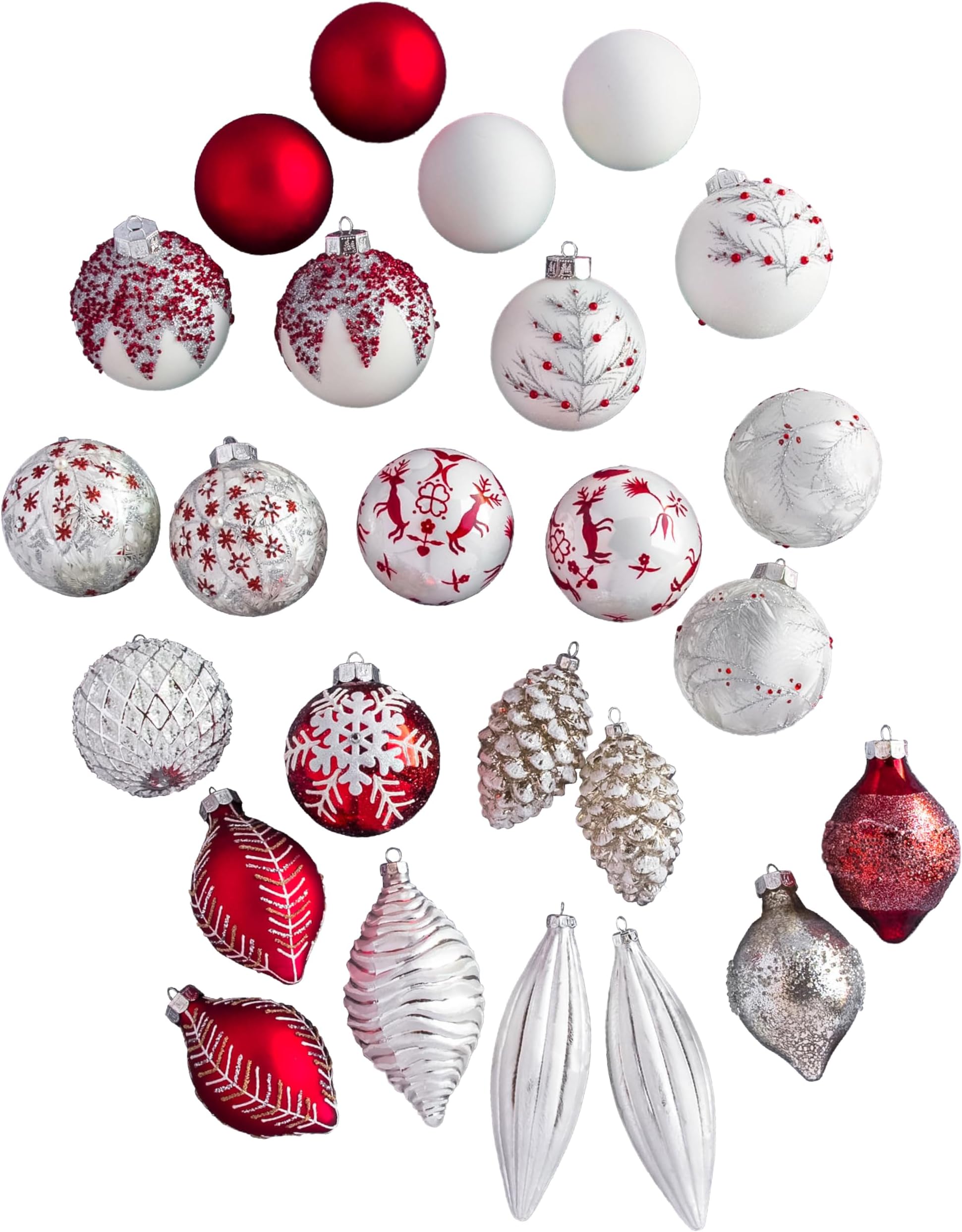 Balsam Hill Nordic Frost Ornaments - Vintage Glass Ball Christmas Ornaments with Beading & Glitter in White, Silver & Red for Holiday Decor