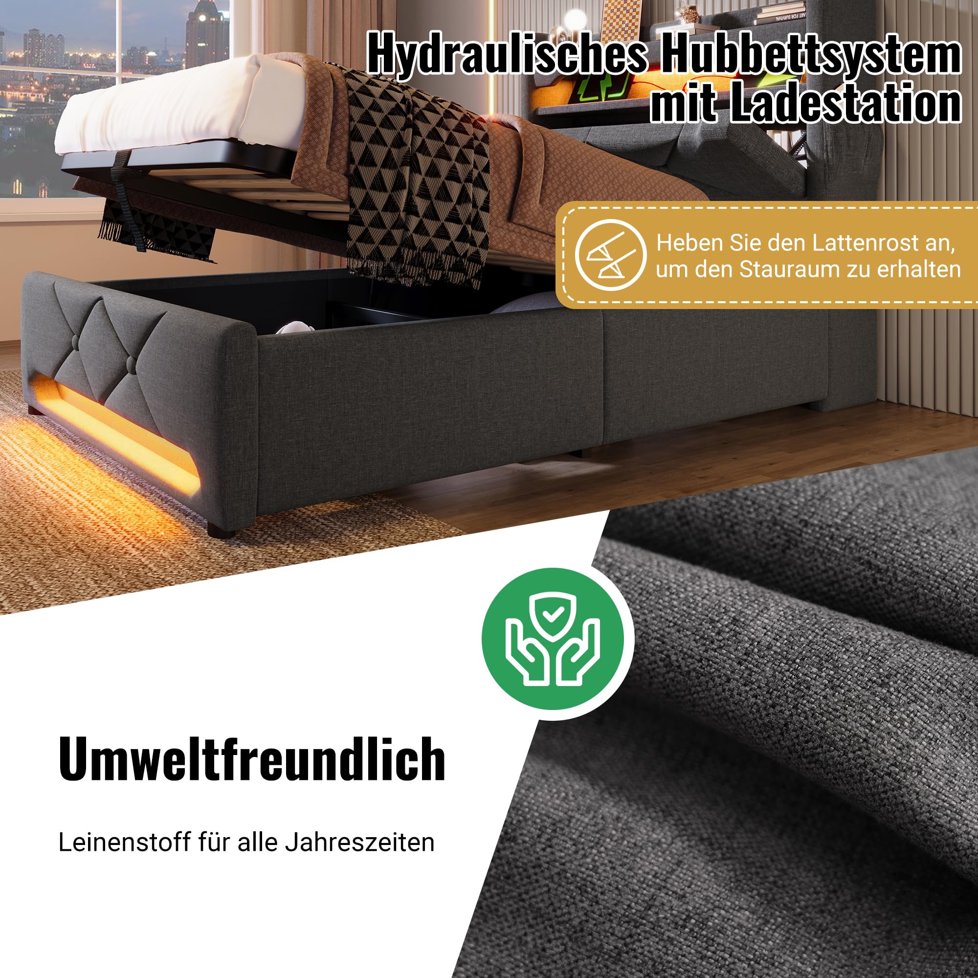 Polsterbett 180x200 Doppelbett, Stauraum-Kopfteil mit USB- und Typ-C-Anschlüssen, LED-Beleuchtung am Kopf- und Fußende des Bettes, mit Hydraulischem Stauraum, Leinen (Grau 1, Ohne Matratze, 180x200CM)