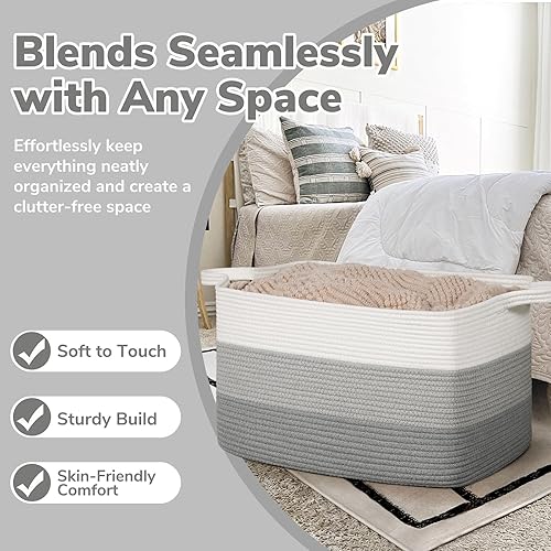 Vista 161 de Goodpick Cesta grande de almacenamiento de juguetes, cestas de cuerda de algodón gris para bebés, niños, cesta de almacenamiento tejida con asa